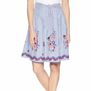 Nine West Seersucker Striped Pleated Embroidered Skirt Plus Size 16‎